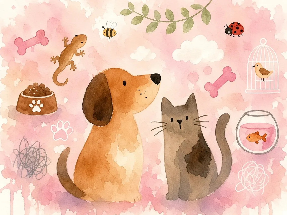 Aquarell-Illustration: Ein Hund und eine Katze sitzen nebeneinander, umgeben von Knochen, Futternapf, Vogelkäfig und Goldfischglas