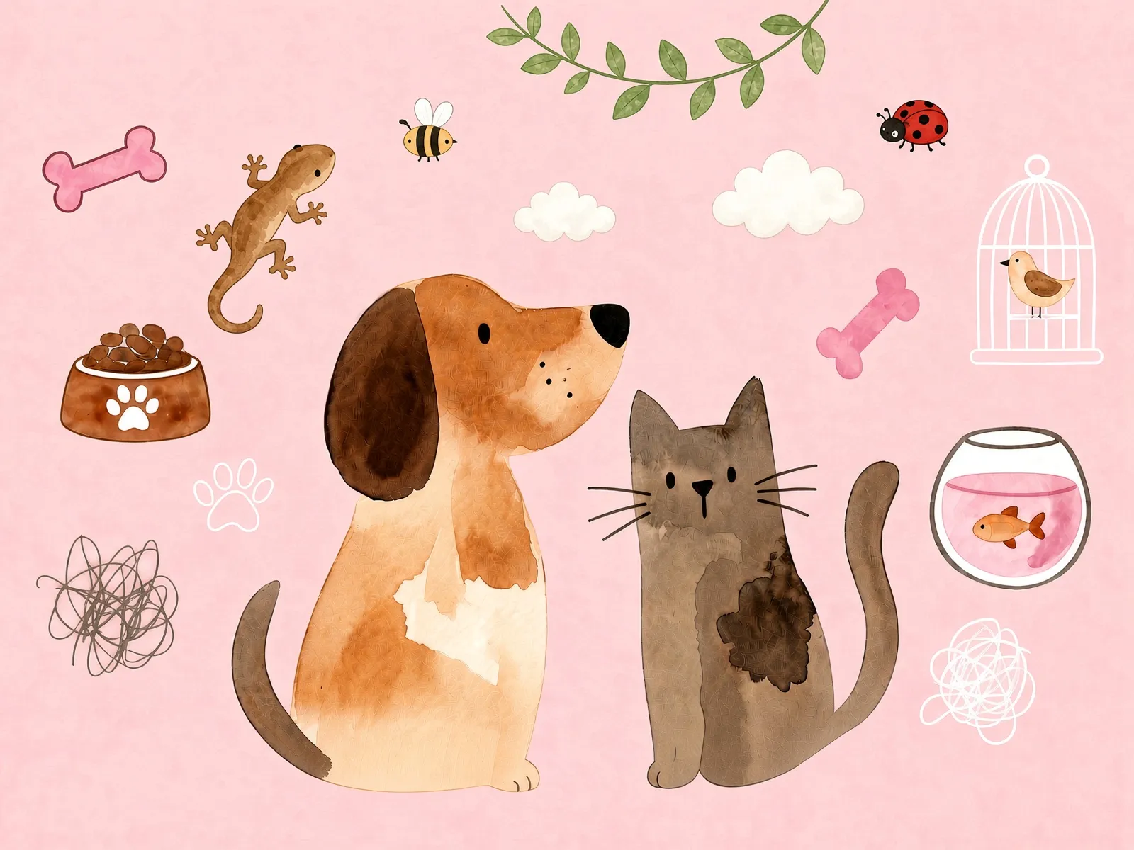 Illustration: Ein Hund und eine Katze sitzen sich gegenüber, umgeben von Knochen, Futternapf, Vogelkäfig und Goldfischglas